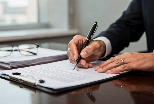 Photographie d'un professionnel en tenue de bureau, assis à son bureau, concentré sur la rédaction ou la préparation de documents (contrats de travail, formulaires). L'image montre clairement des documents sur le bureau, peut-être des éléments de dossiers administratifs ou juridiques. La perspective est concentrée sur le travail de rédaction ou de préparation administrative, distincte des scènes de signature ou de poignée de main déjà présentes.
